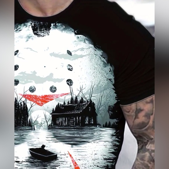 Mens Halloween Horror Scary Crystal Lake Camp Movie Killer Short Sleeve Tee - Picture 3 of 12